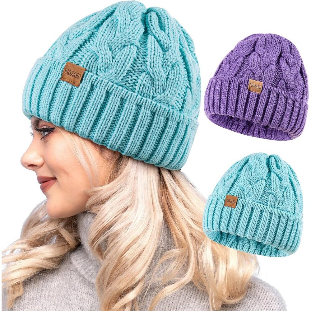 Women's Purple Green 2 Packs Stylish Winter Warm Knitted Beanie Skull Hat Cap